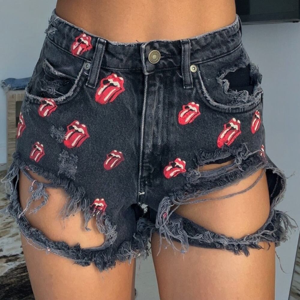 Zara Rolling Stones Logo Distressed Denim Shorts Black Size 4